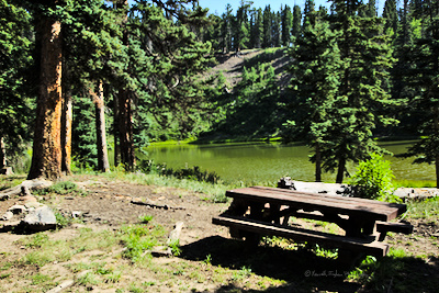 Picnic table with a lake in the background
