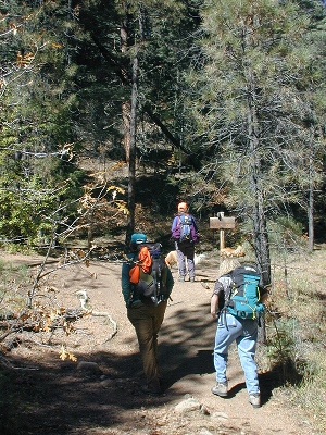 Steve, Sue, and Diana approach the junction of trails 150 and 254
