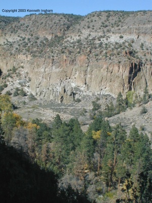The north Frijoles canyon wall and the Frey trail
